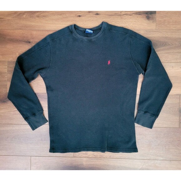 Polo Ralph Lauren Mens Black Waffle Knit Thermal Pullover Sleepwear Shirt Large - Picture 1 of 8